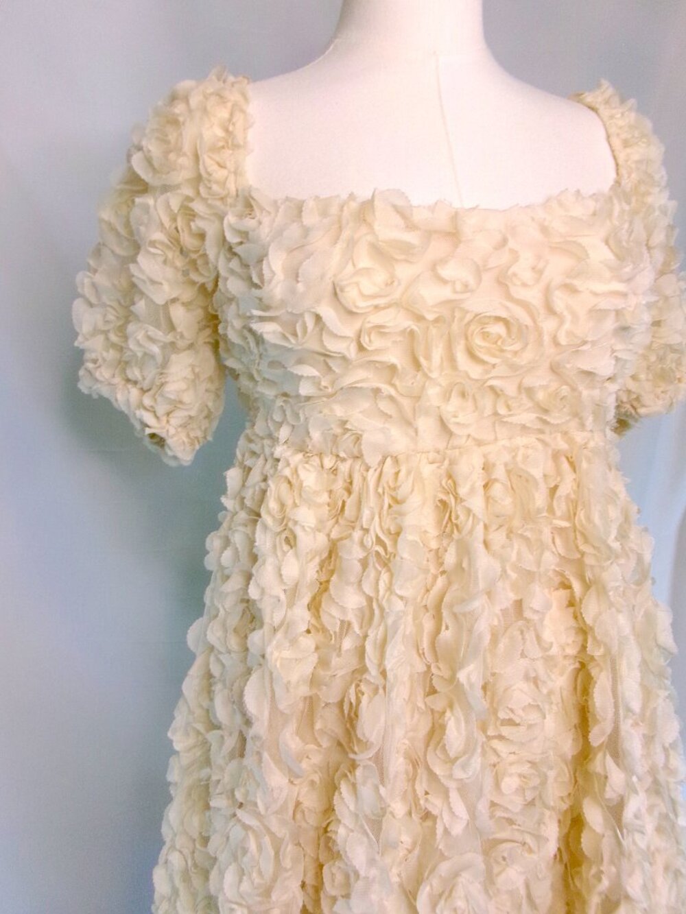 Le Lis Cream 3D Rosette Mini Dress Puff Sleeve Cottagecore Bridal Shower Dress S